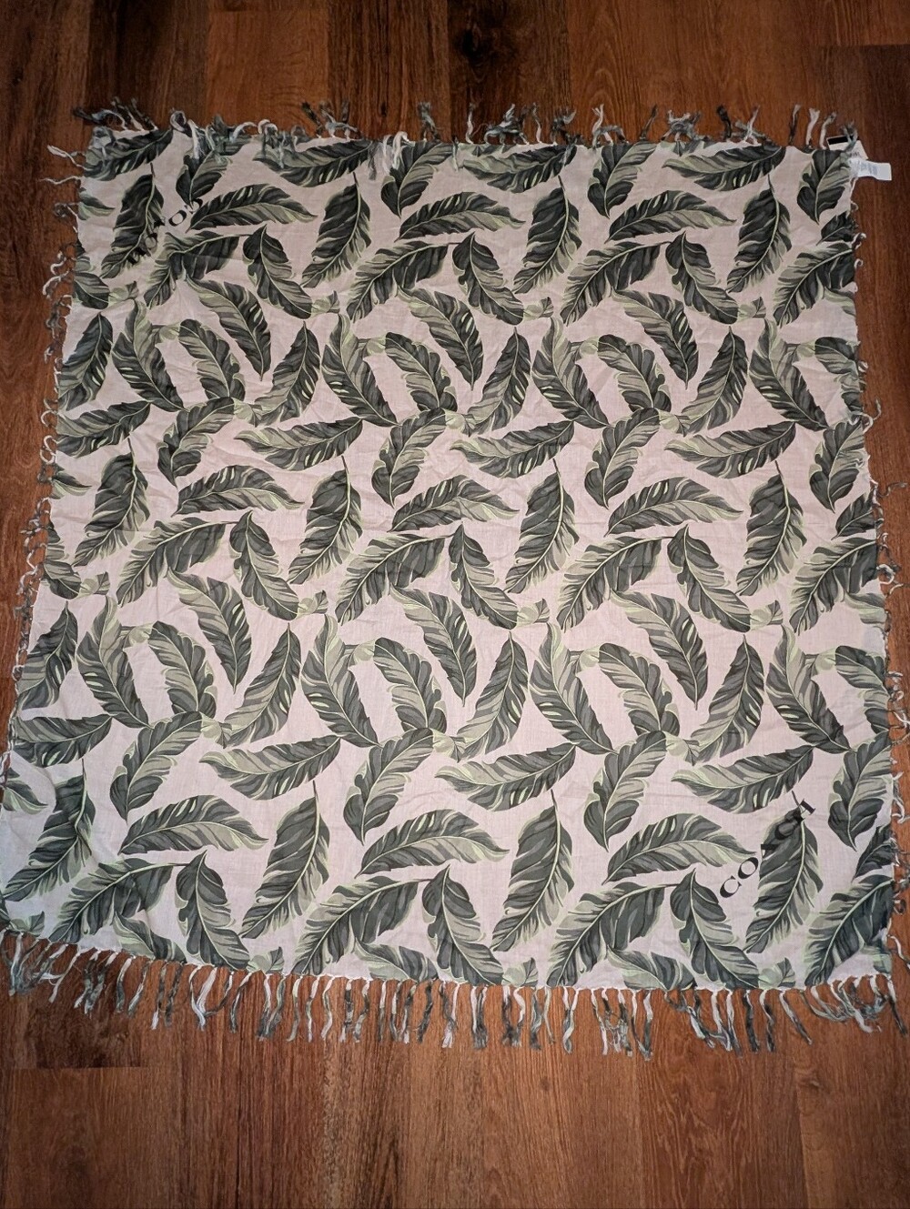 Coach Oversized Square Scarf Cotton Banana Leaves Fringe 44 Inch Green White NWT